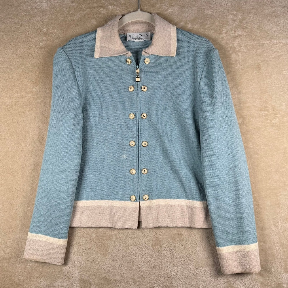 ST JOHN COLLECTION Blue Beige Knit Zip Front Blazer Jacket Women Size 8‎